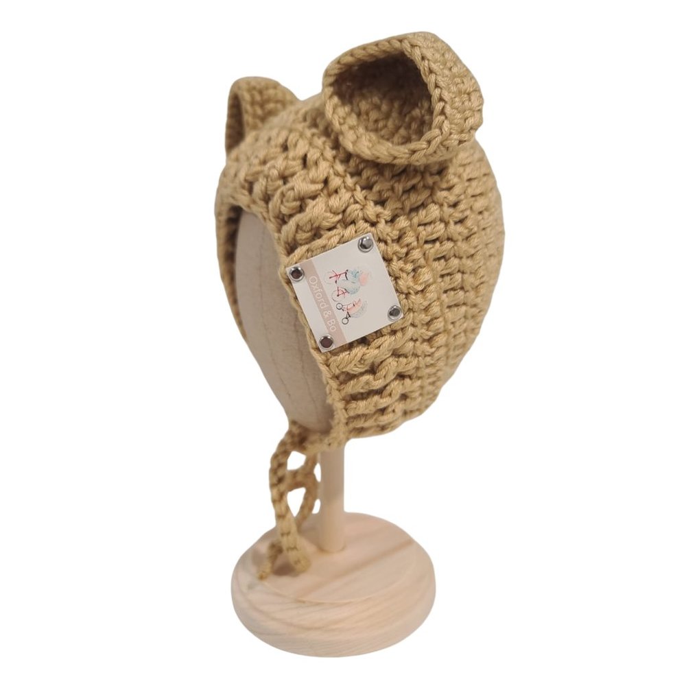 Finn Crocheted Bear Beanie With Ties, Gold